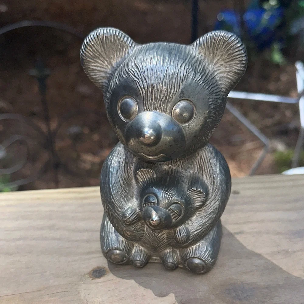 🐻🤎Vintage Metallic Bear Mom & Baby Figurine Decorative Bank 🐻 Beartastic!! 🤎